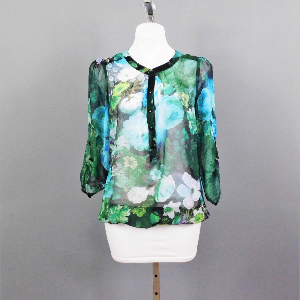 Dressbarn Women Shirt Green Floral‎ L
